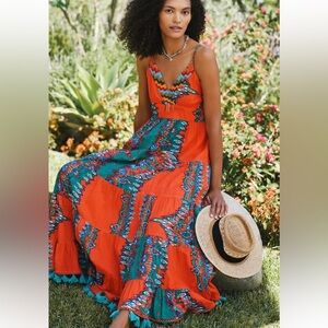 Anthropologie Orange & Teal Printed Maxi Dress